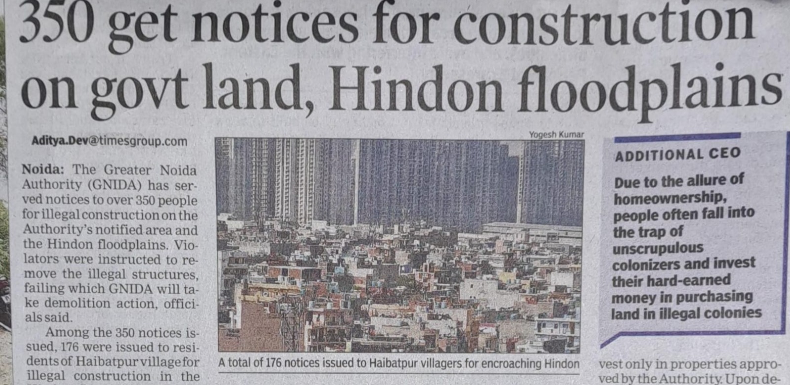 350 get notice for construction in government land, Hindon Floodplains