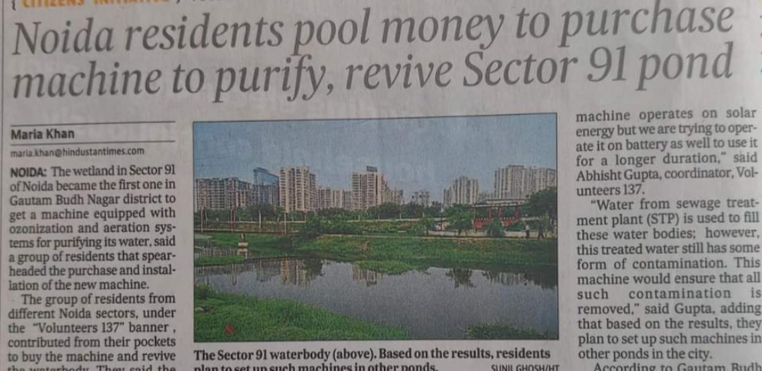 Noida residents’ group pools money to purchase machine to purify Sector 91 pond