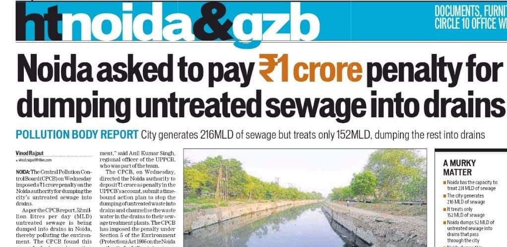 Noida asked to pay Rs1 crore penalty for dumping untreated sewage into drains