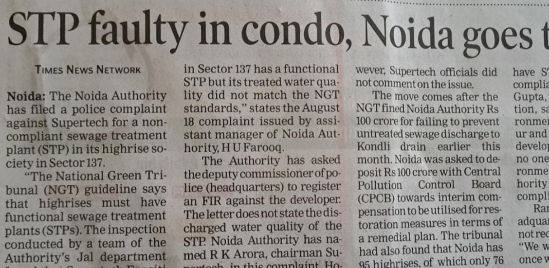 STP faulty in condo, Noida goes to cops