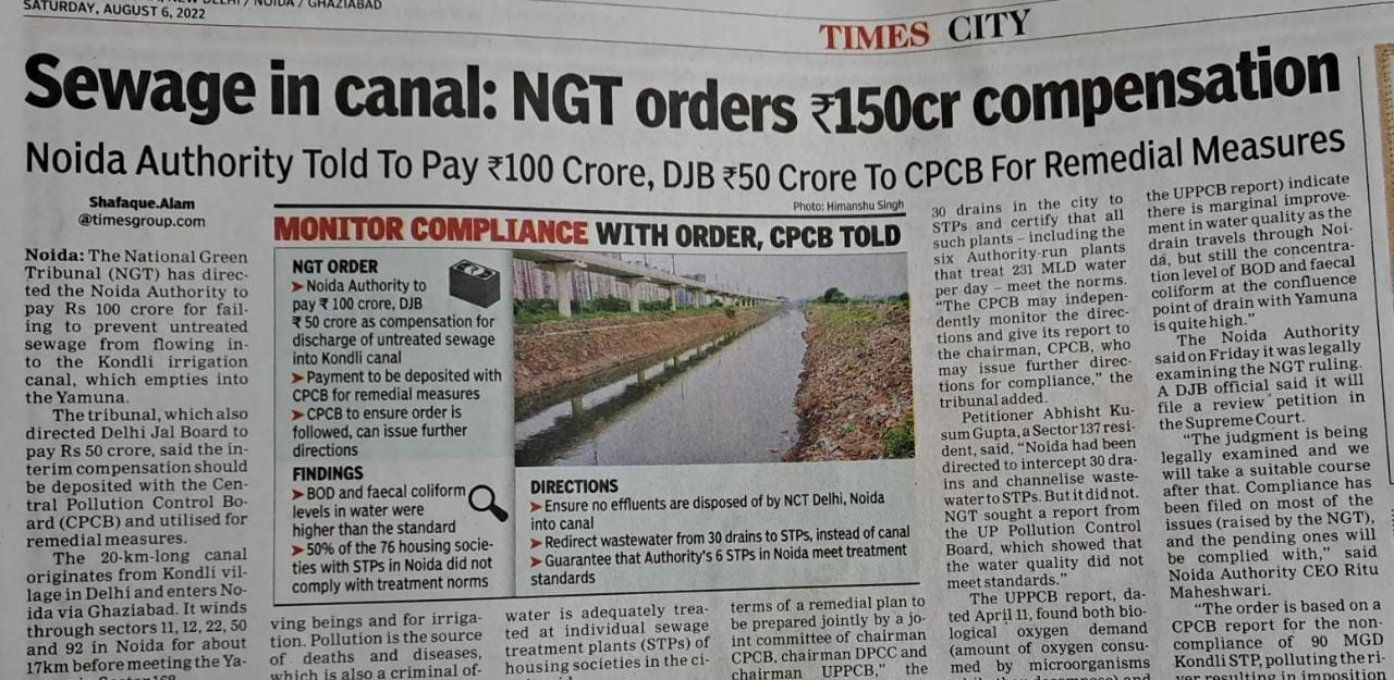 Sewage in canal: NGT orders Rs150cr compensation