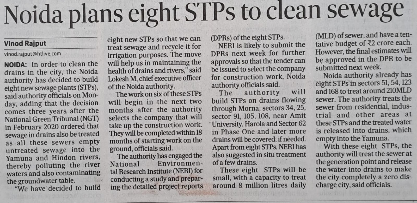 Noida plans eight STPs to clean sewage